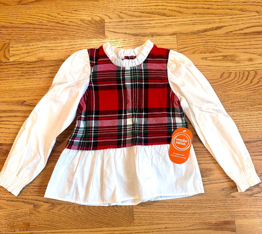 #198- Girls, Wondernation, Holiday Plaid Top, NWT- Size 5