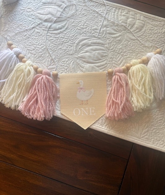 #51 REDUCED First Birthday Girl’s Goose and Tassels Chair Banner