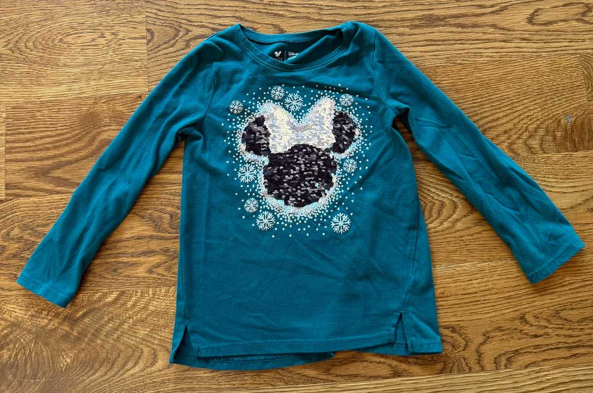 53 - Girls 5 Disney Minnie Mouse Winter (Reversible Minnie Sequence) Long Sleeve Green Shirt