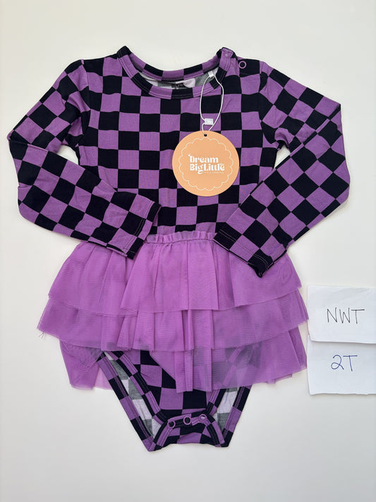 #138 - 2T - NWT Dream Big Little Co - Purple Checkered LS Bodysuit Twirl - PU 45236
