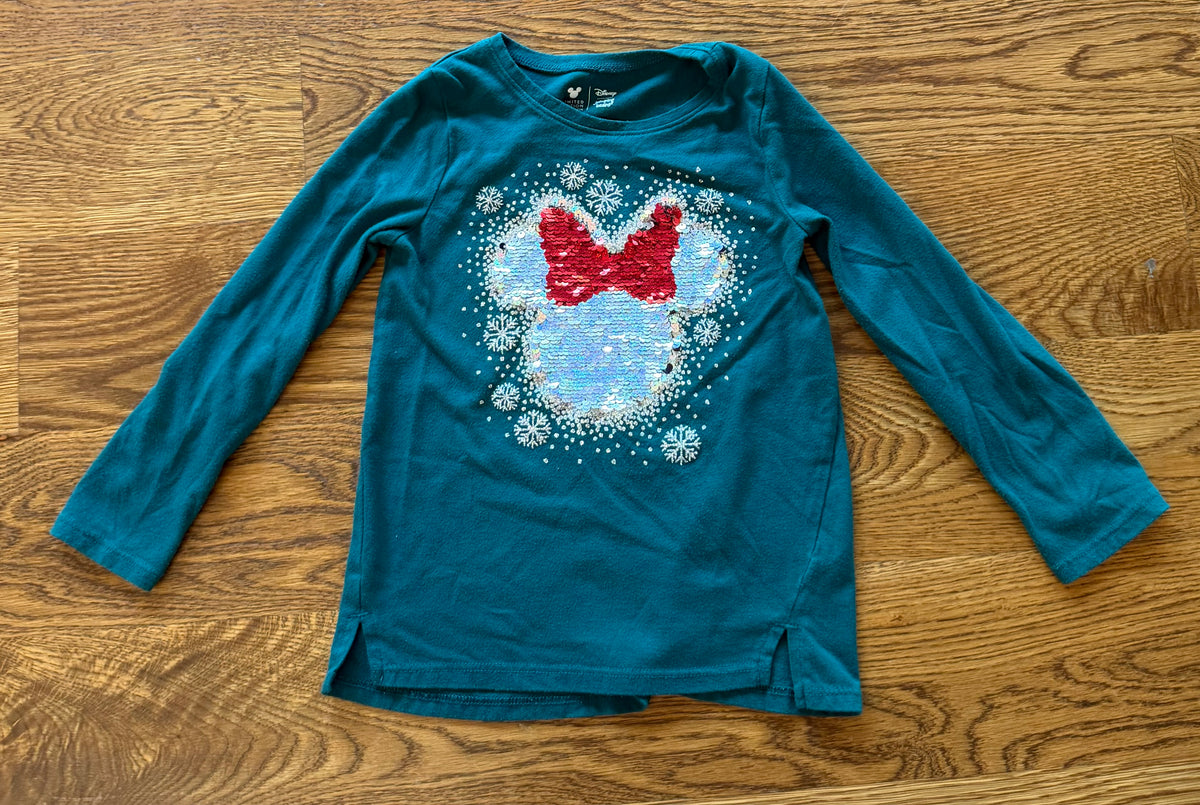 53 - Girls 5 Disney Minnie Mouse Winter (Reversible Minnie Sequence) Long Sleeve Green Shirt