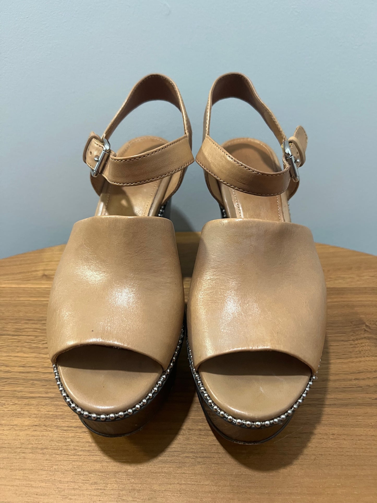 Seller #76 - Coach Harla Platform Leather Wedges Bead Trim Sandals Tan Size 7 Ankle Strap
