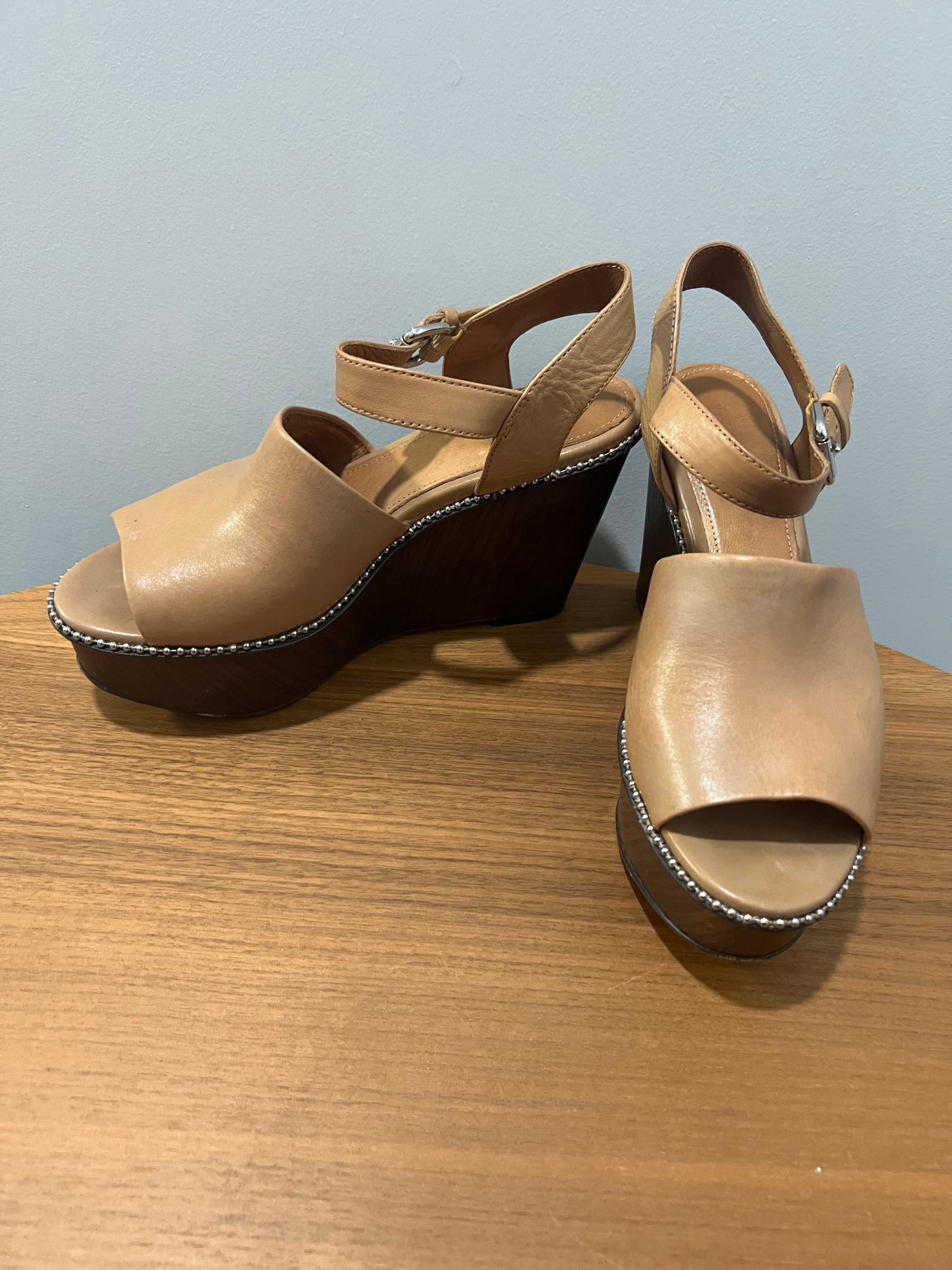 Seller #76 - Coach Harla Platform Leather Wedges Bead Trim Sandals Tan Size 7 Ankle Strap