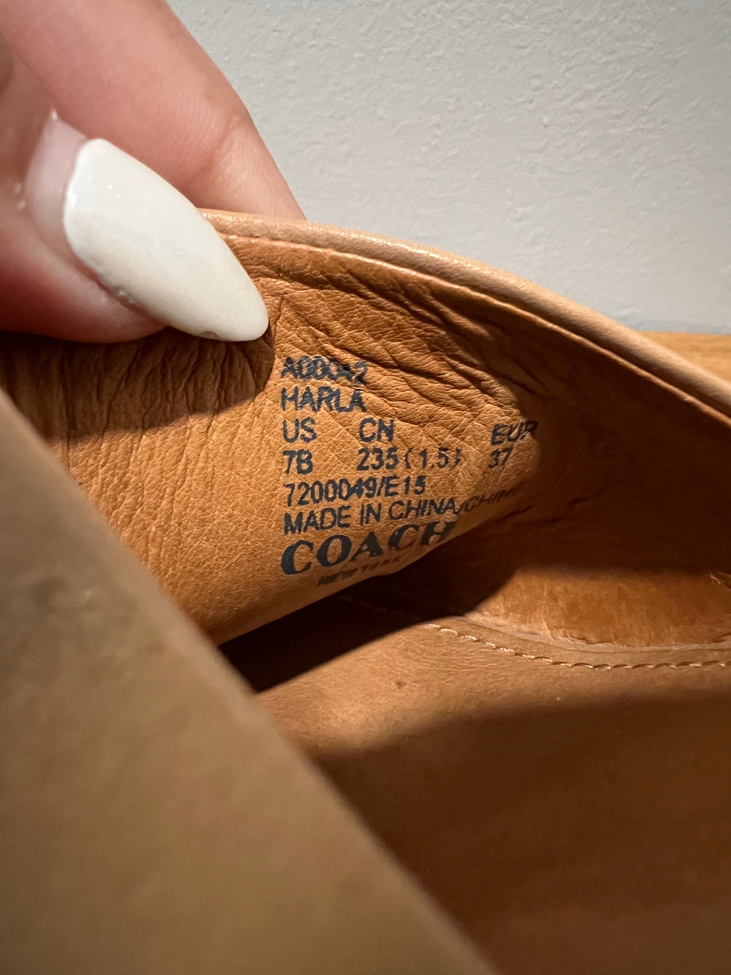 Seller #76 - Coach Harla Platform Leather Wedges Bead Trim Sandals Tan Size 7 Ankle Strap