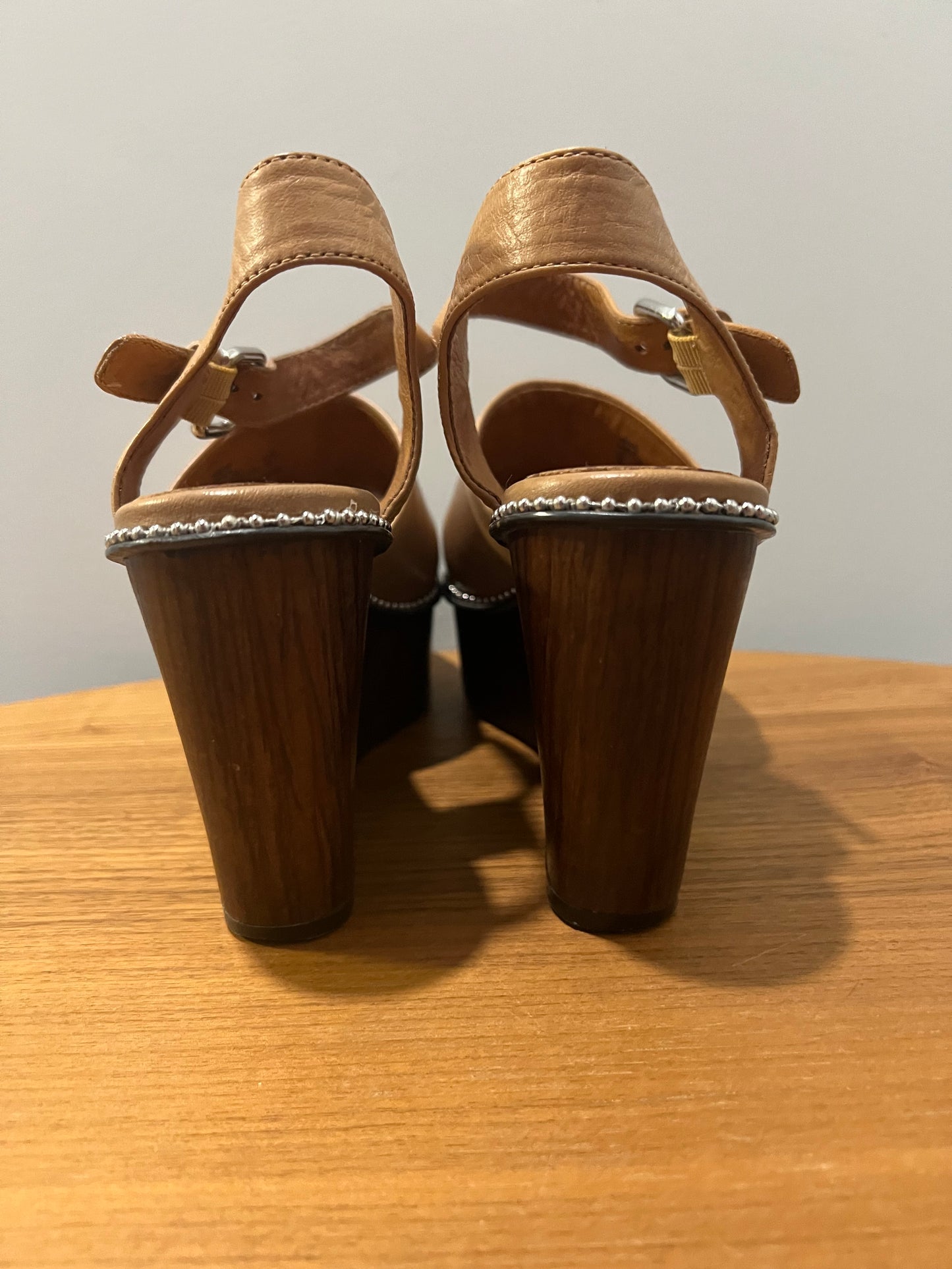 Seller #76 - Coach Harla Platform Leather Wedges Bead Trim Sandals Tan Size 7 Ankle Strap