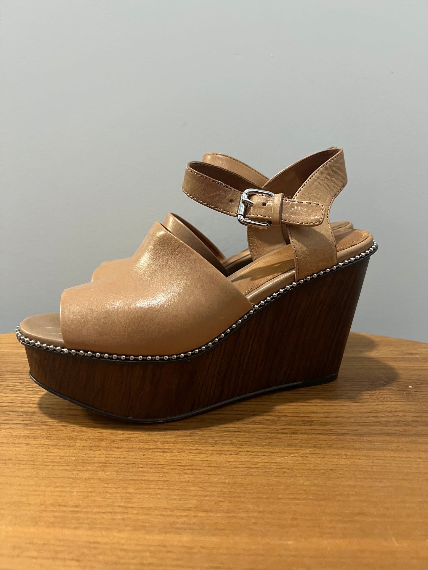 Seller #76 - Coach Harla Platform Leather Wedges Bead Trim Sandals Tan Size 7 Ankle Strap