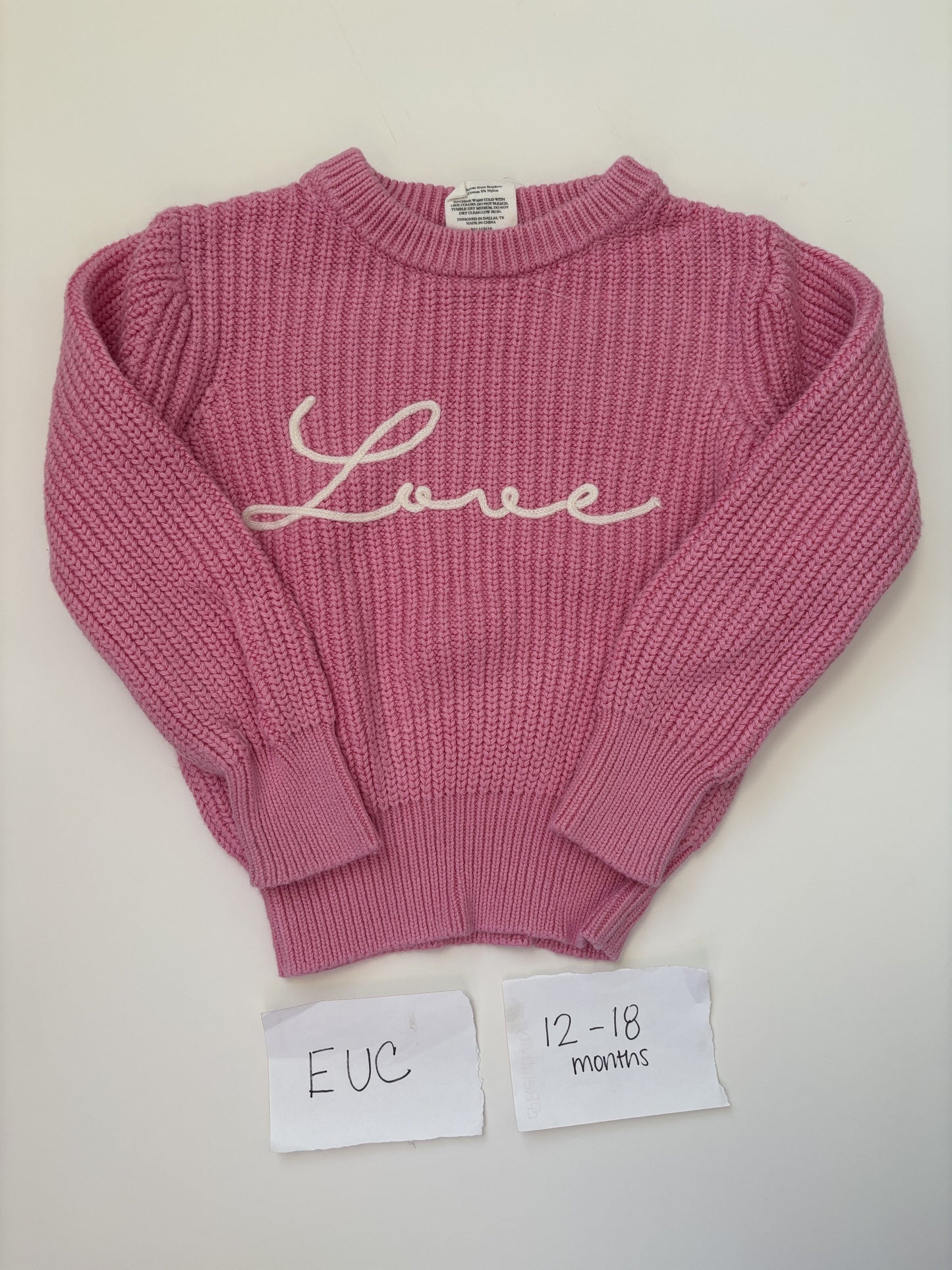 #138 - 12-18 Mo - EUC Birdie Bean - Pink Love Valentine's Day Sweater - PU 45236