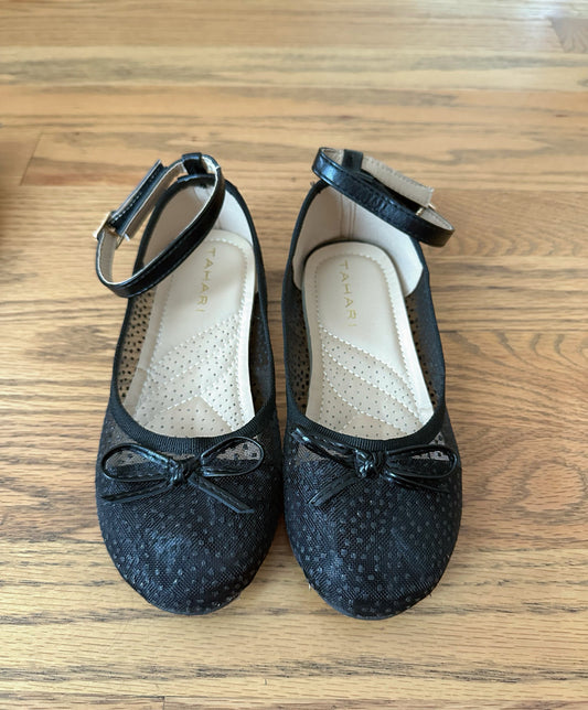 #198- Girls, Tahari, Black Shimmer Flats with Ankle Strap- Size 13