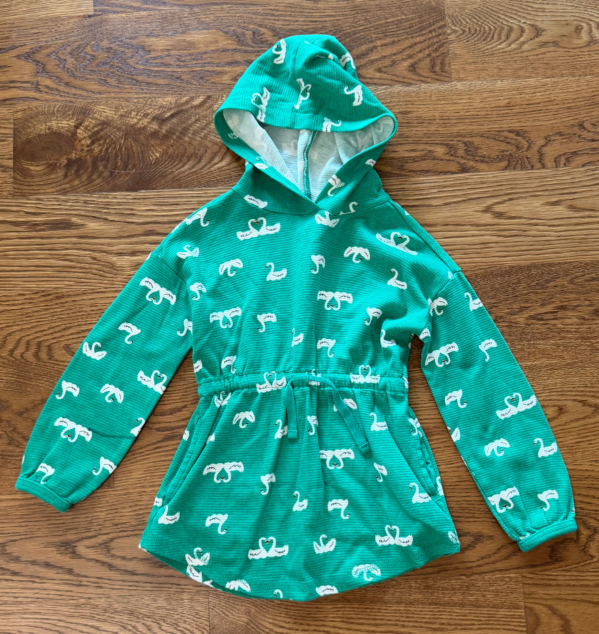 53 - Girls 5 Hanna Andersson Green Swan Thermal Long Sleeve Pullover Hooded Shirt