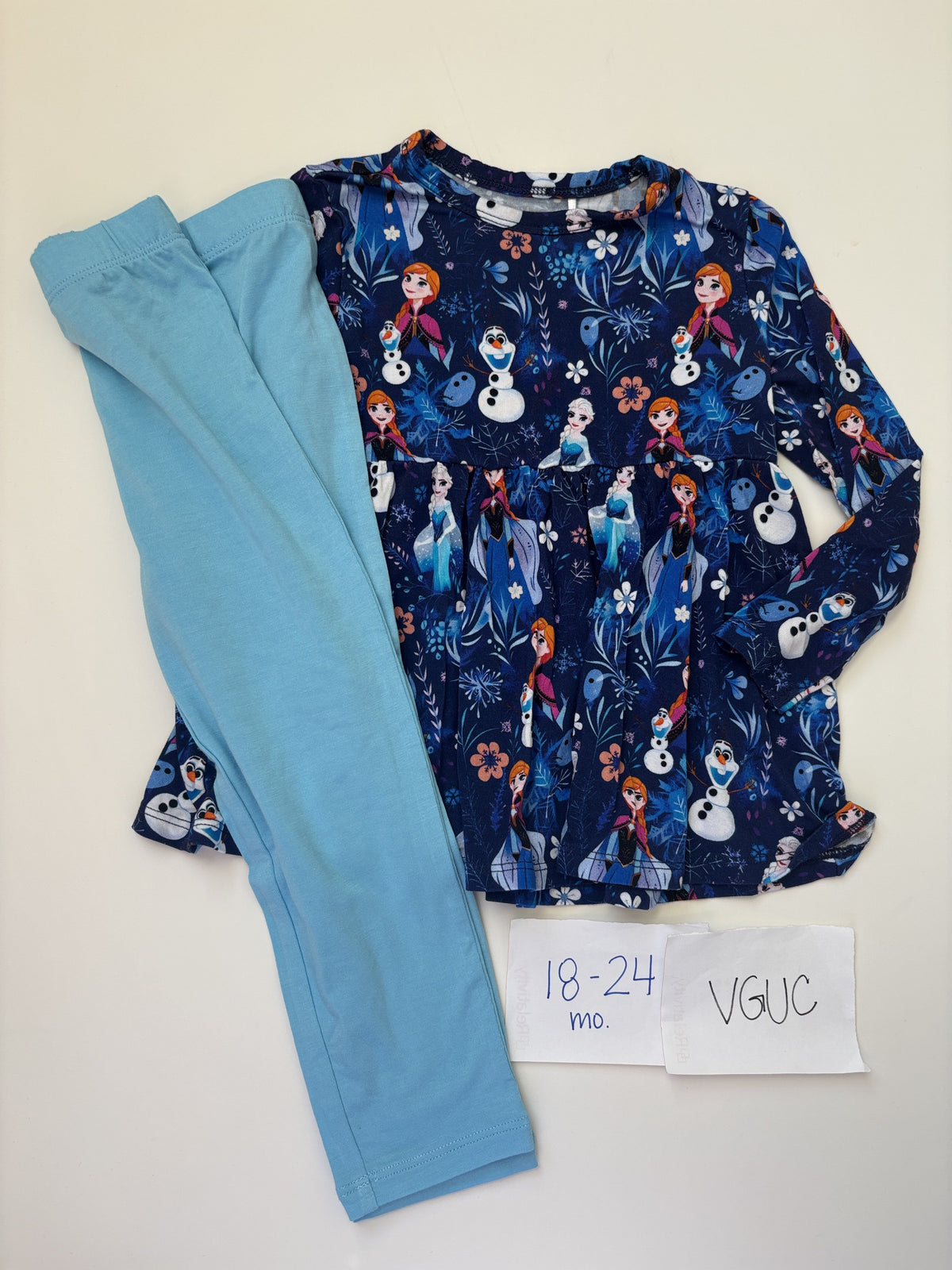 #138 - 18-24 Mo VGUC Bamboo Charlie's Project Frozen (Gifts Galore) LS Peplum w/Pants