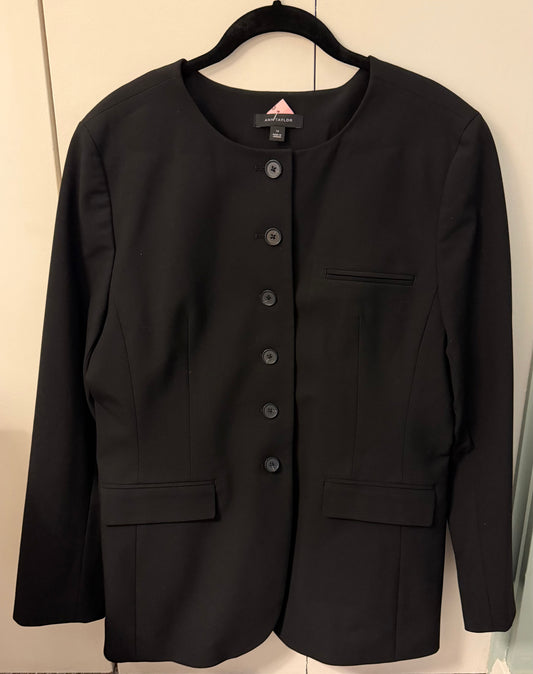 53 - Women’s 14 Ann Taylor Black Suit Jacket, No Lapels, Longer than traditional Suit Jacket.  Gorgeous on!