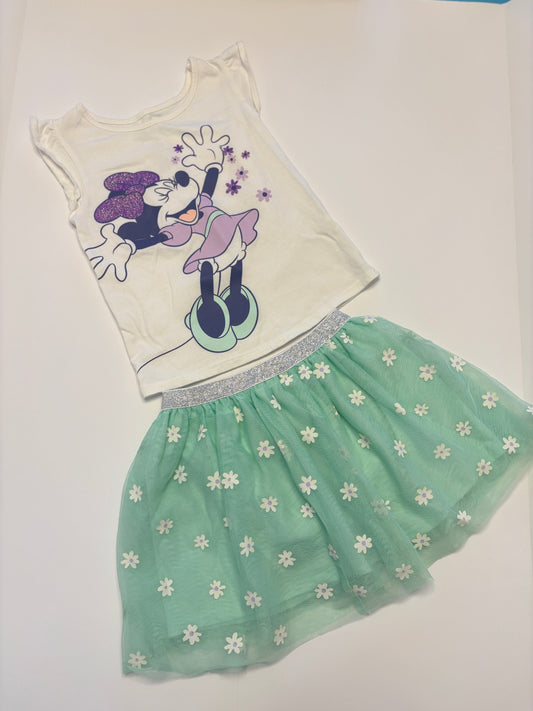 #121 Girls 3T Disney for Jumping Beans Minnie Mouse outfit, off white shirt and mint tulle skort, VGUC