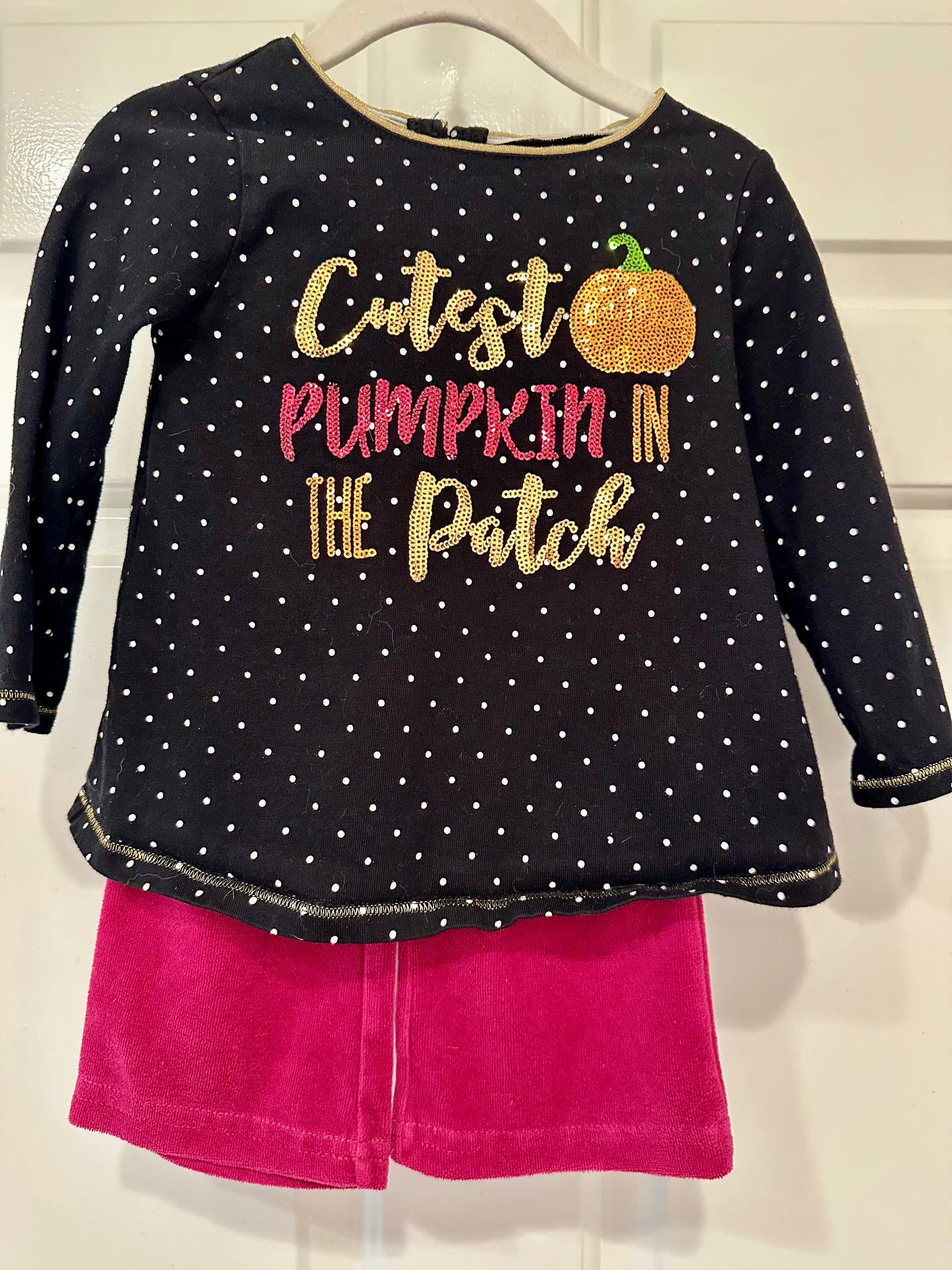 #85 REDUCED Mudpie Cutest Pumpkin in the Patch Sequin Shirt + Velvet Pants, Infant Girls 12-18m