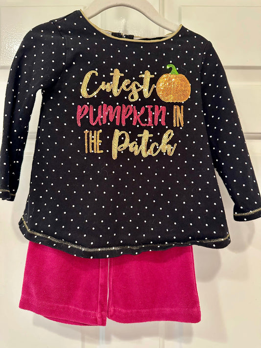 #85 REDUCED Mudpie Cutest Pumpkin in the Patch Sequin Shirt + Velvet Pants, Infant Girls 12-18m