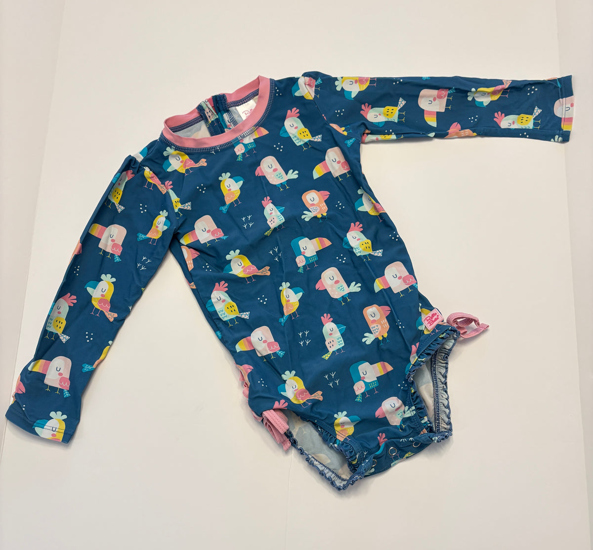 #121 girls 3T Ruffle Butts tropical bird swimsuit, EUC