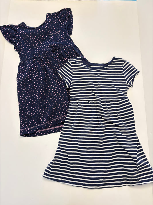 #121 Girls (fits like) 3/4T set of two cotton dresses, Baby Gap hearts and Old Navy stripe, VGUC