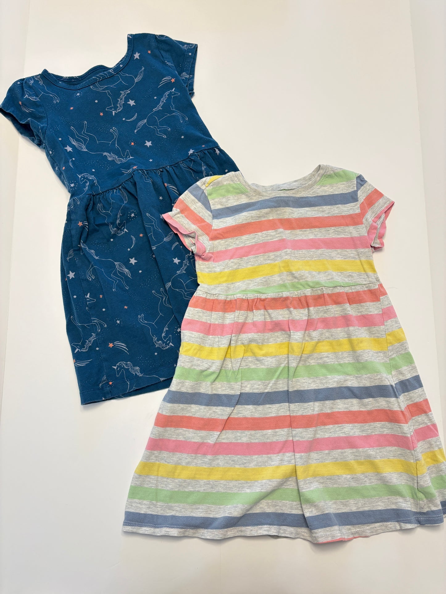 #121 Girls (fits like) 3/4T set of two cotton dresses, Carter's unicorn and Old Navy Rainbow, VGUC