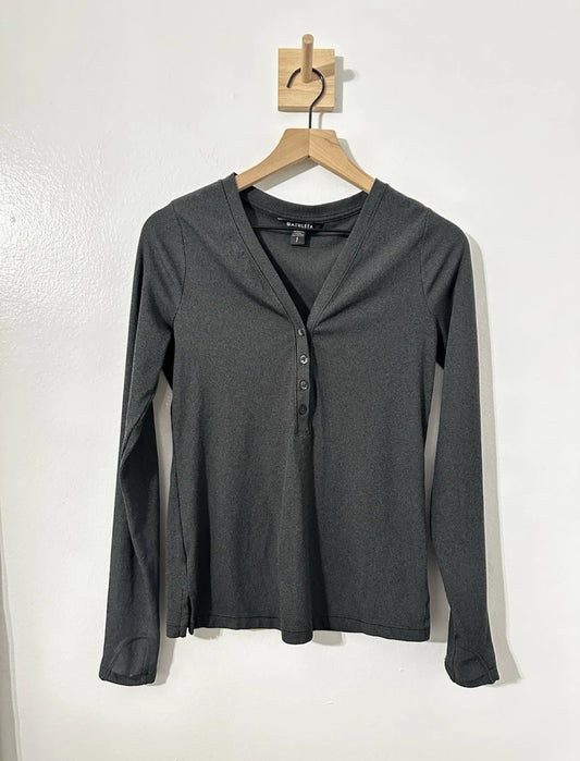 #111 Athleta Uptempo Ribbed Long Sleeve Charcoal Gray Henley Top SP