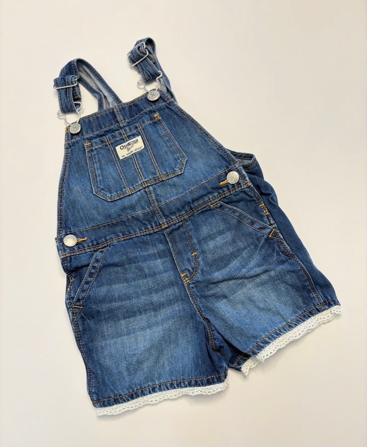 #121 Girls 3T Oshkosh B'Gosh denim overalls with lace trim, EUC