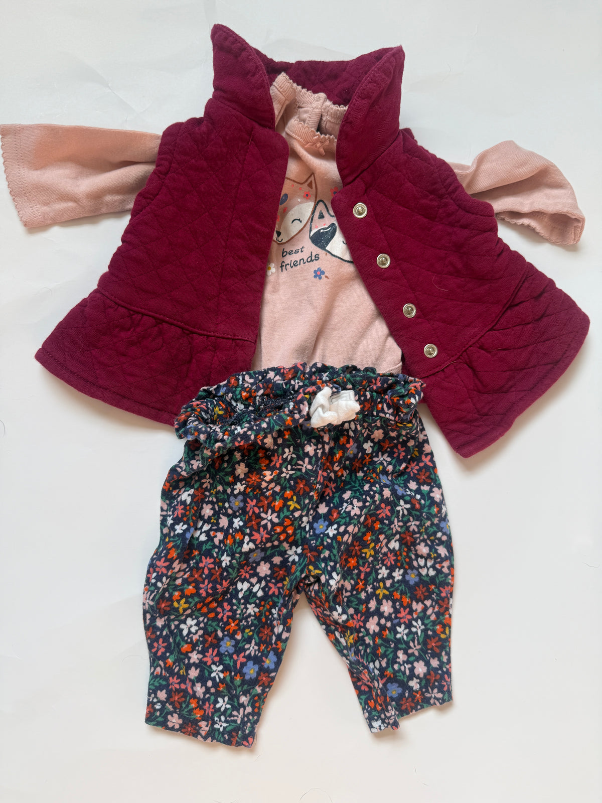 #170 Carters 3 piece outfit, pink best friends body suit, floral pants and maroon vest girls newborn