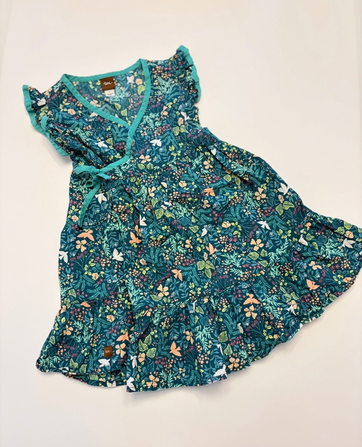 #121 Girls 3T Tea Collection teal wrap dress, EUC