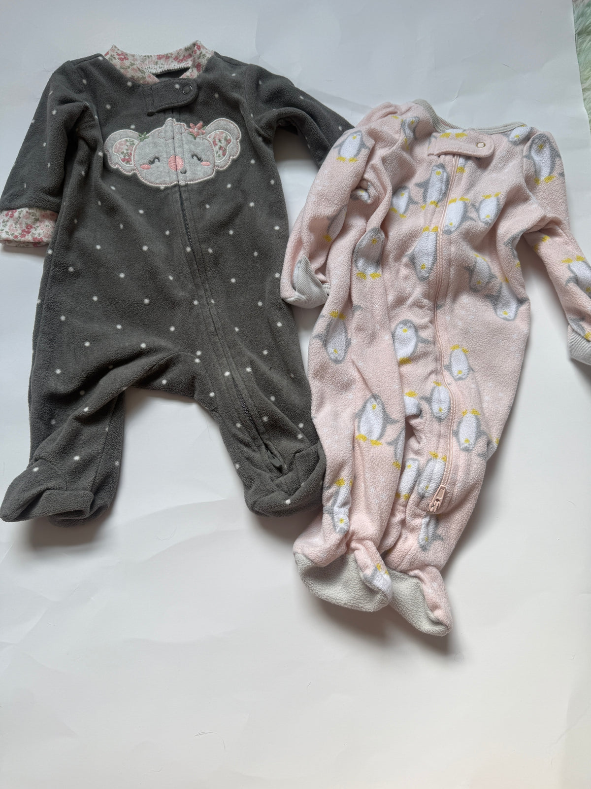 #170 bundle of 2 fleece sleepers—carters grey koala and cloud island pink penguins  girls newborn