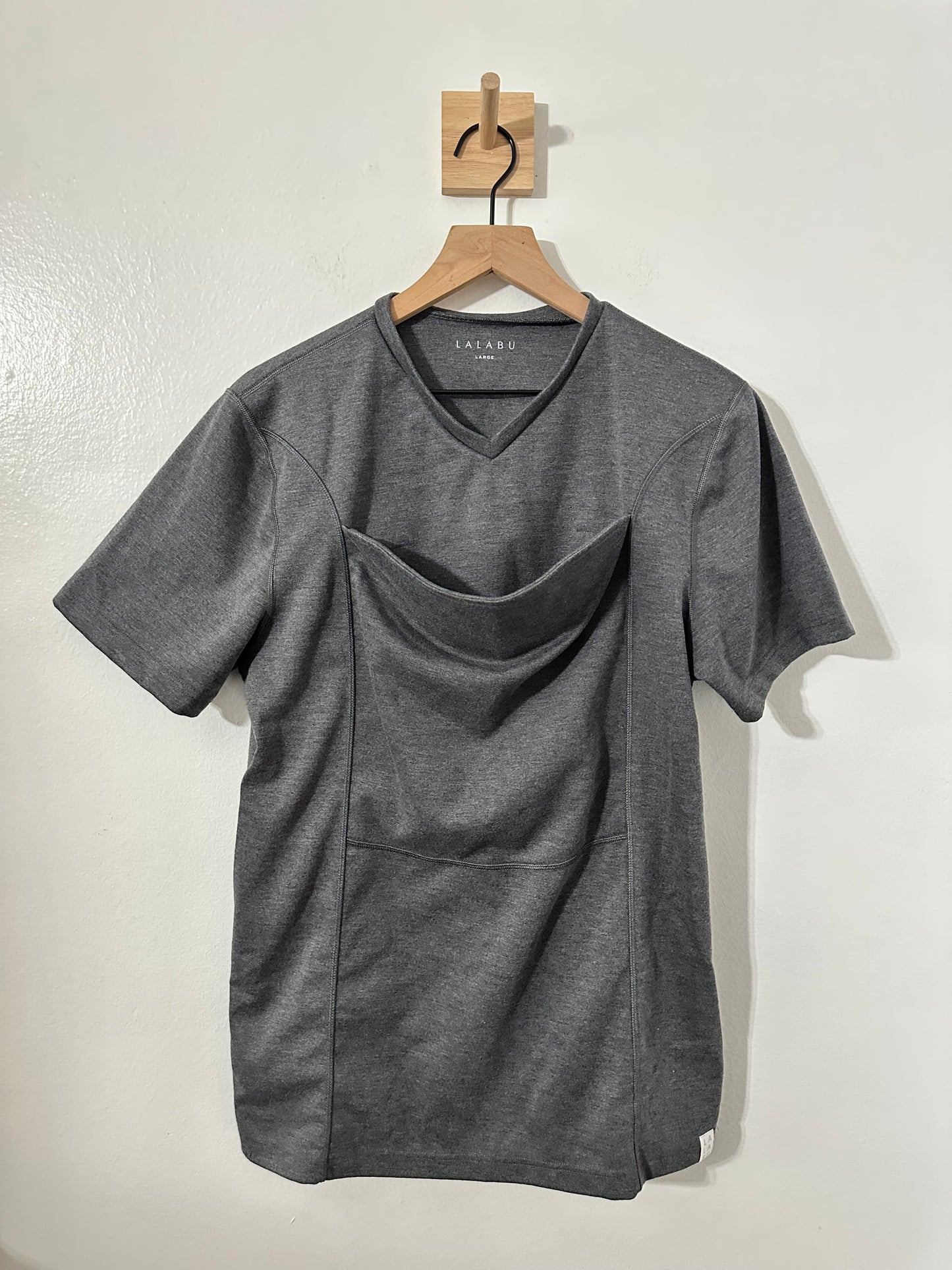 #111 Lalabu Dad Shirt Mens Large Gray Babywearing Carrier Tee V-Neck Short Sleeve