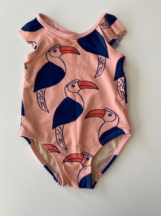 #117, Girls Swim 18M, Tea peachy pink toucan swimsuit, VGUC
