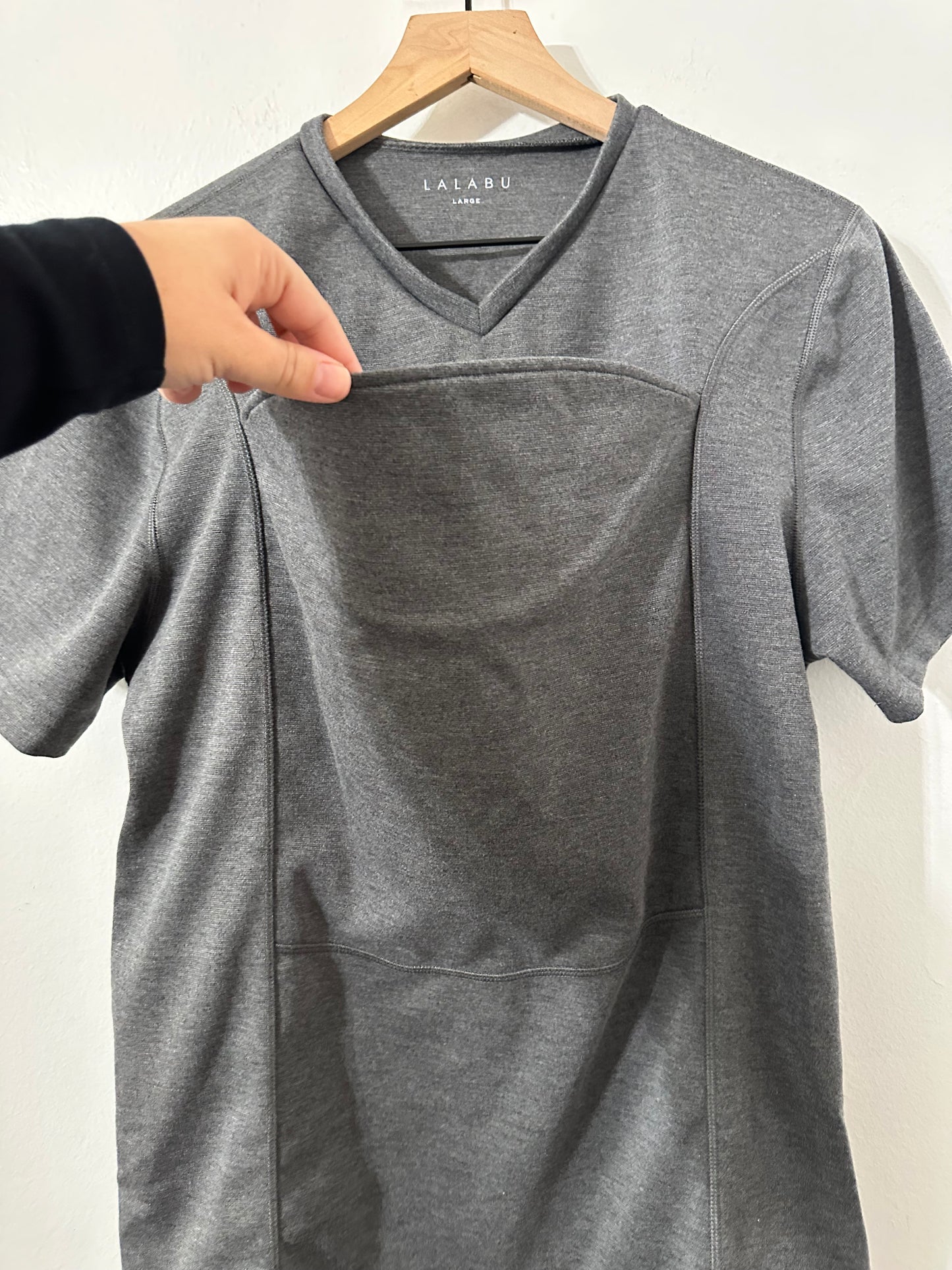 #111 Lalabu Dad Shirt Mens Large Gray Babywearing Carrier Tee V-Neck Short Sleeve