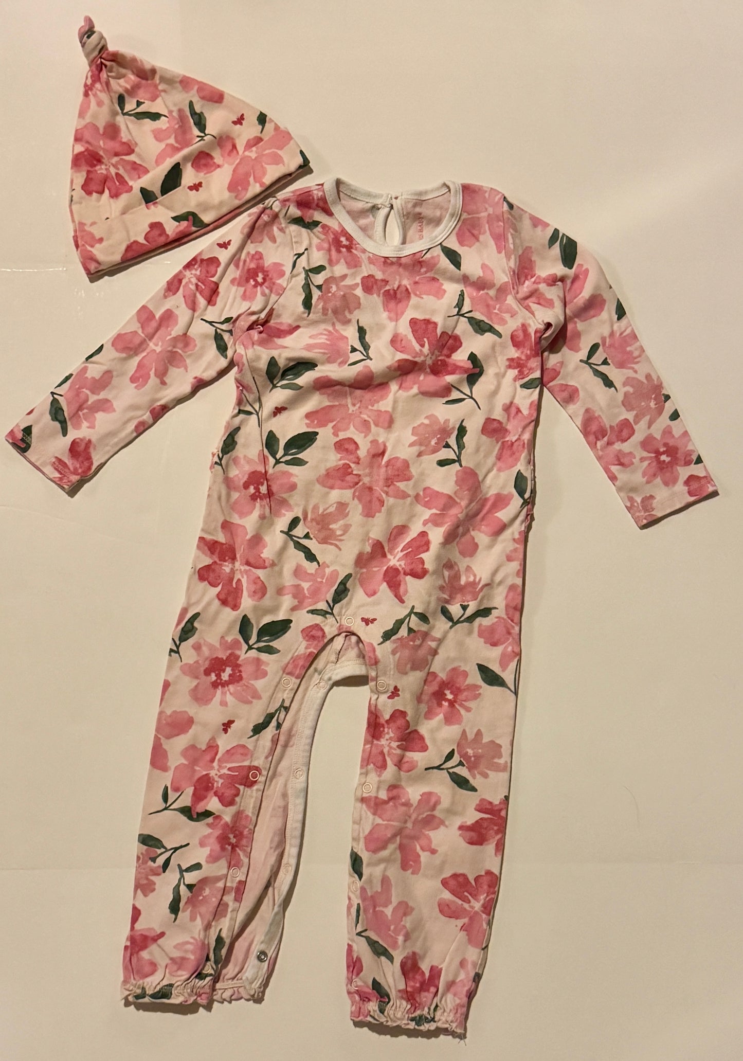 #187 Girls 24m Burts Bees Floral Romper with Hat