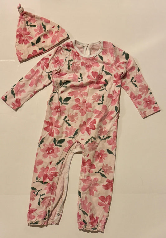 #187 Girls 24m Burts Bees Floral Romper with Hat