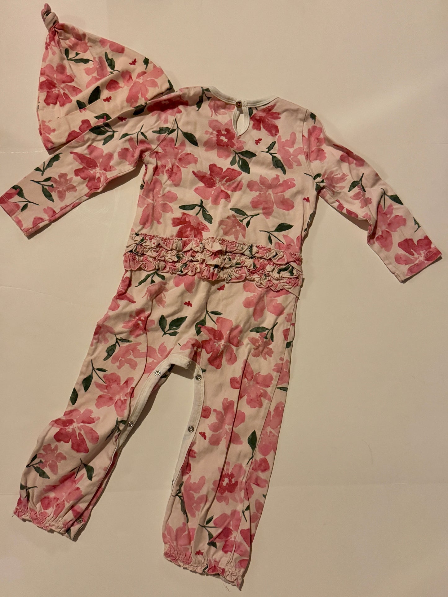 #187 Girls 24m Burts Bees Floral Romper with Hat