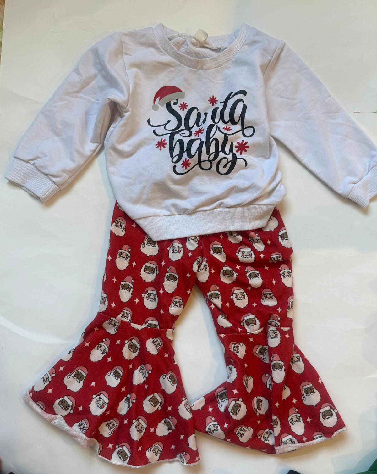 #170 Santa Baby sweatshirt with red Santa bell bottom pants girls size 100 (fits like 18-24 months)