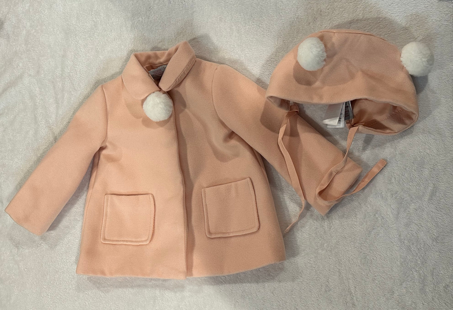 #75B Girls 18 months Tahari baby pink coat with nice lining and pom Pom with hat included - brand new never worn