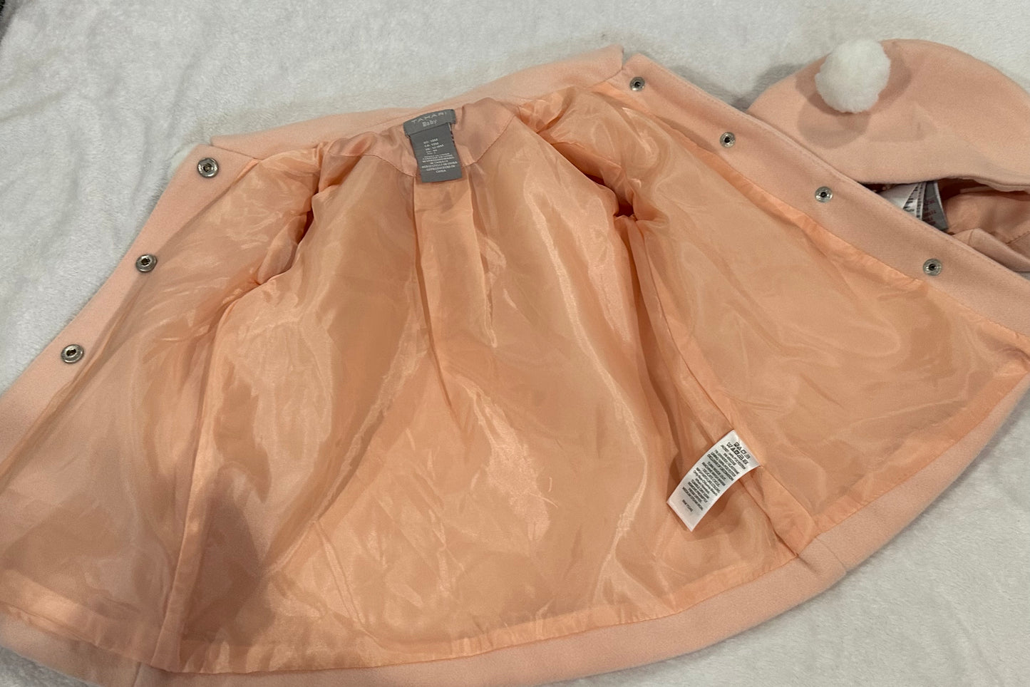 #75B Girls 18 months Tahari baby pink coat with nice lining and pom Pom with hat included - brand new never worn