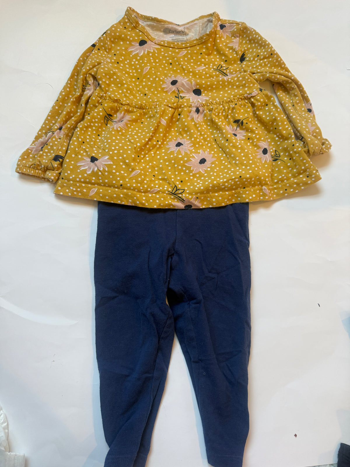 #170 Carters 2 piece outfit yellow long sleeve shirt with pink flowers with navy blue leggings girls 18 months