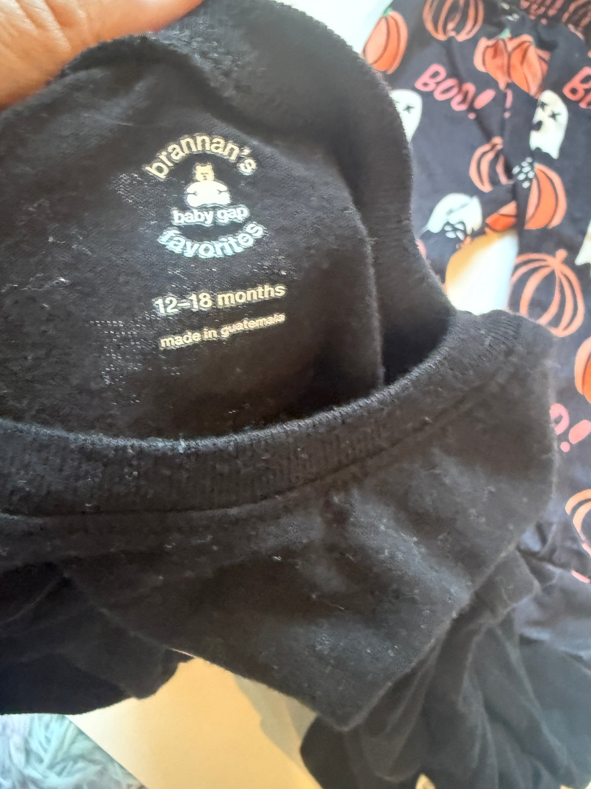 #170 Halloween Bundle (3)  Gap Purfectly Magical Black Cat long sleeve shirt, Carters Halloween patter spider web necklace long sleeve shirt (glows in dark) and pumpkin and ghosts long pants. Girls 18 months