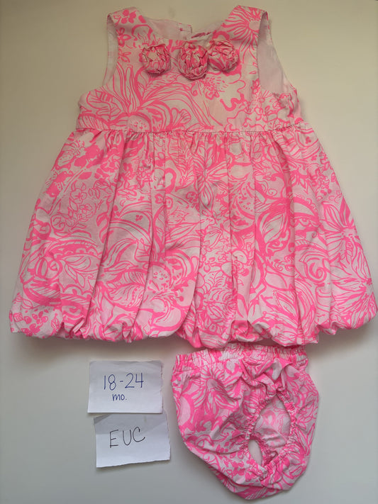 #77 - 18-24 Mo - EUC Lilly Pulitzer - Pink Dress with rossettes and diaper cover