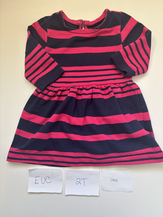 #138 - 2T - EUC Gap - Pink/Navy Striped LS Dress - PU 45236