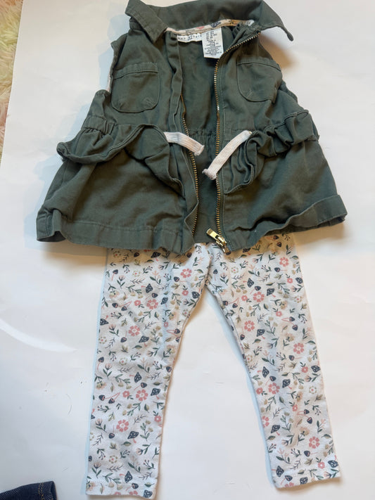 #170 Max Studio zip up olive green vest with matching floral pants girls 18 months