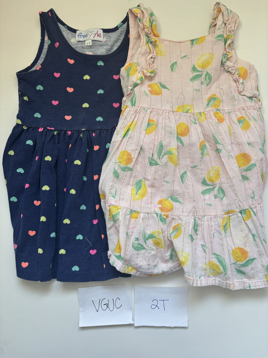#77 - 2T - VGUC 2 Pack Dresses (navy hearts + lemons)
