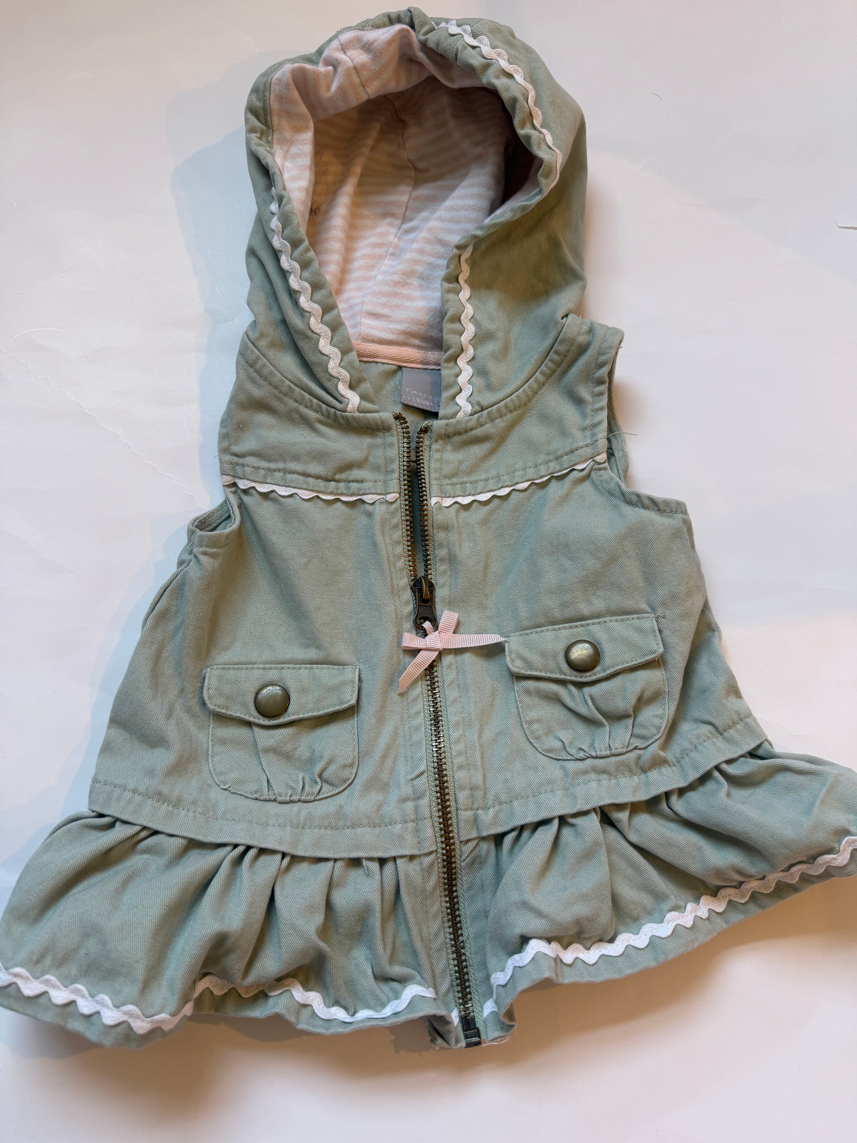 #170 Tahari 3 Piece Set— Army Green Zip up hooded ruffled vest, pink ruffled shirt and striped pants with matching bow girls 18 months
