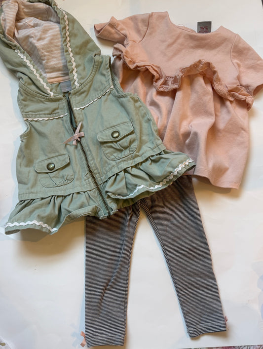#170 Tahari 3 Piece Set— Army Green Zip up hooded ruffled vest, pink ruffled shirt and striped pants with matching bow girls 18 months