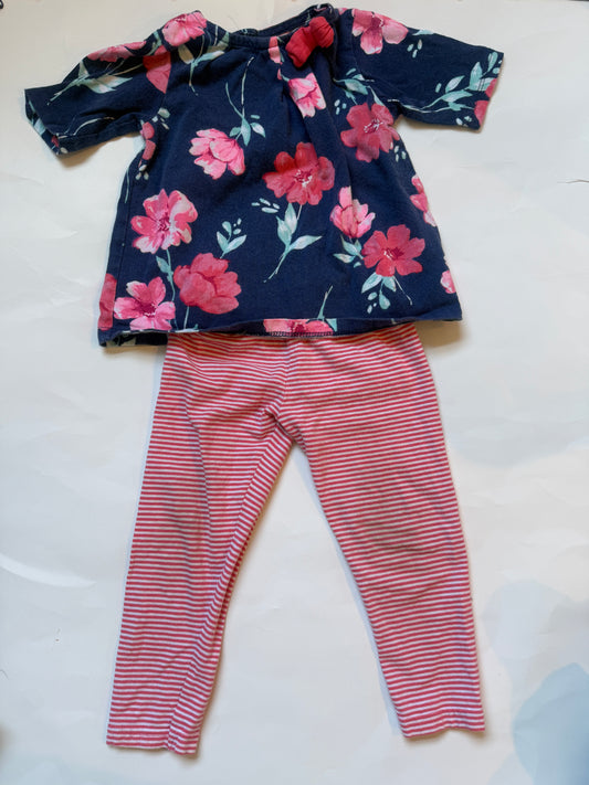 #170 Carter’s Navy and floral shirt with bow and matching color striped pants girls 18 months