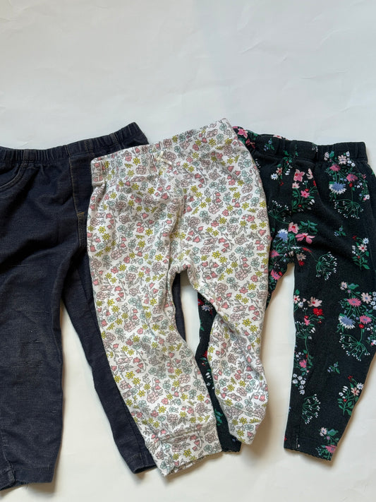 #170 Carters pants bundle (3)—Denim color leggings, white with pastel flowers, black with flowers girls 18 months