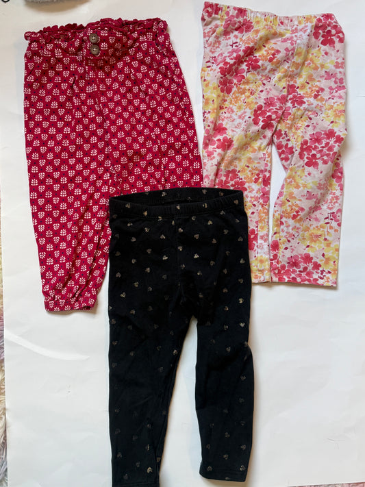 #170 3 pair patterned pants bundle Red patterned jogger type brands (carters), pink and yellow floral leggings (first impressions) and black with gold heart leggings (cat and jack) girls 18 months