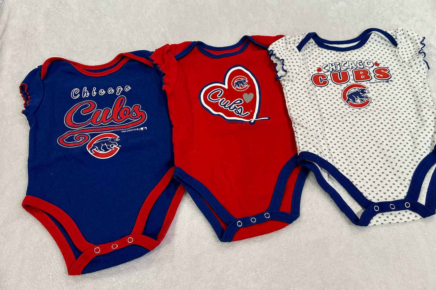 #75B Girls 12 months Chicago Cubs set of 3 onesies