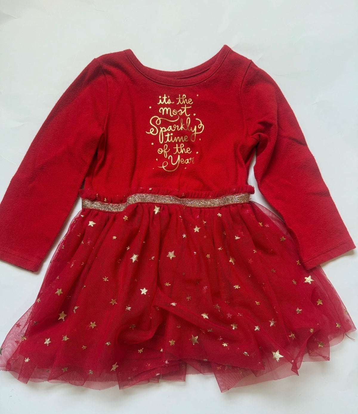 #170 Carters “It’s the most sparkly time of the year” red dress with tule gold starred skirt girls 18 months