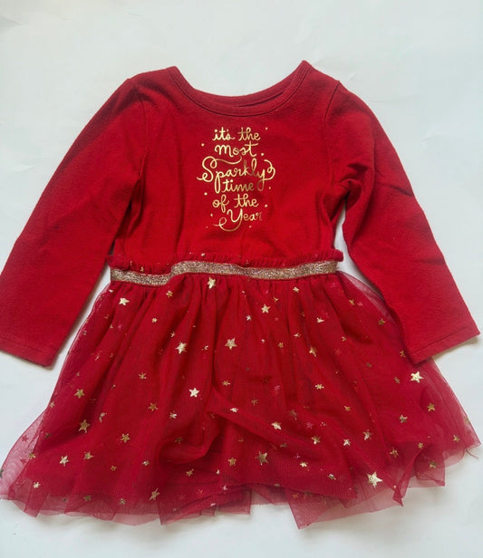 #170 Carters “It’s the most sparkly time of the year” red dress with tule gold starred skirt girls 18 months