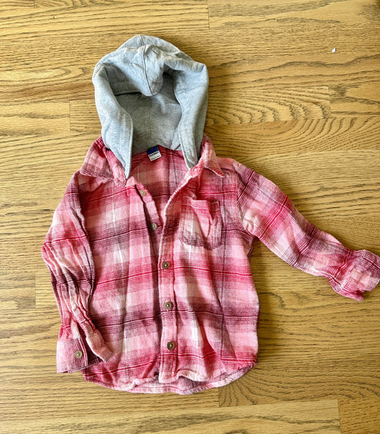 #198- Boys, Old Navy, Pink Plaid Hooded Fall Shirt- Size 3T